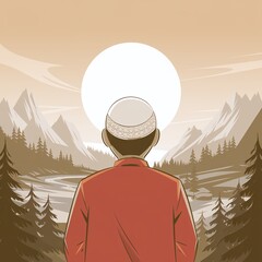 Man in Red Shirt with Mountains and Sun in Background