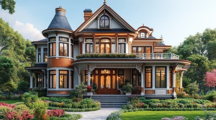 Fototapeta premium 3D model of a Victorian-style home with ornate details and a turret, on a white background.