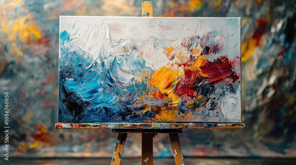 Poster Vibrant abstract art on canvas showcasing bold colors and dynamic brushstrokes displayed in a creative studio