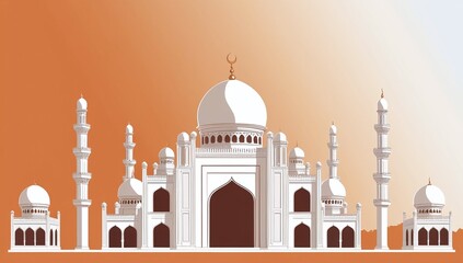 A Detailed Illustration of a Grand Mosque with Multiple Minarets