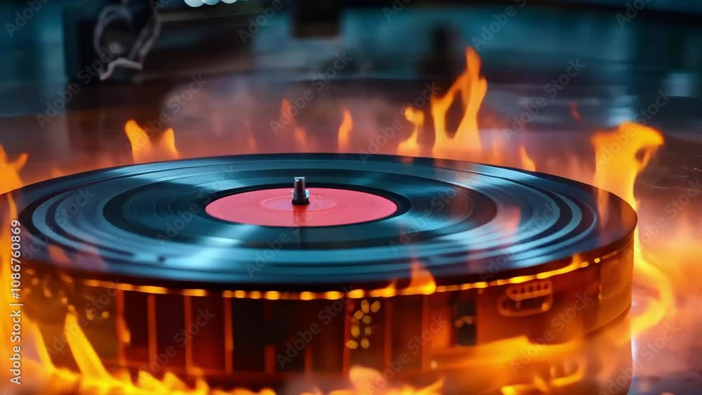 Poster A record player is surrounded by flames, creating a dramatic visual effect with fire and smoke in a blurred background.