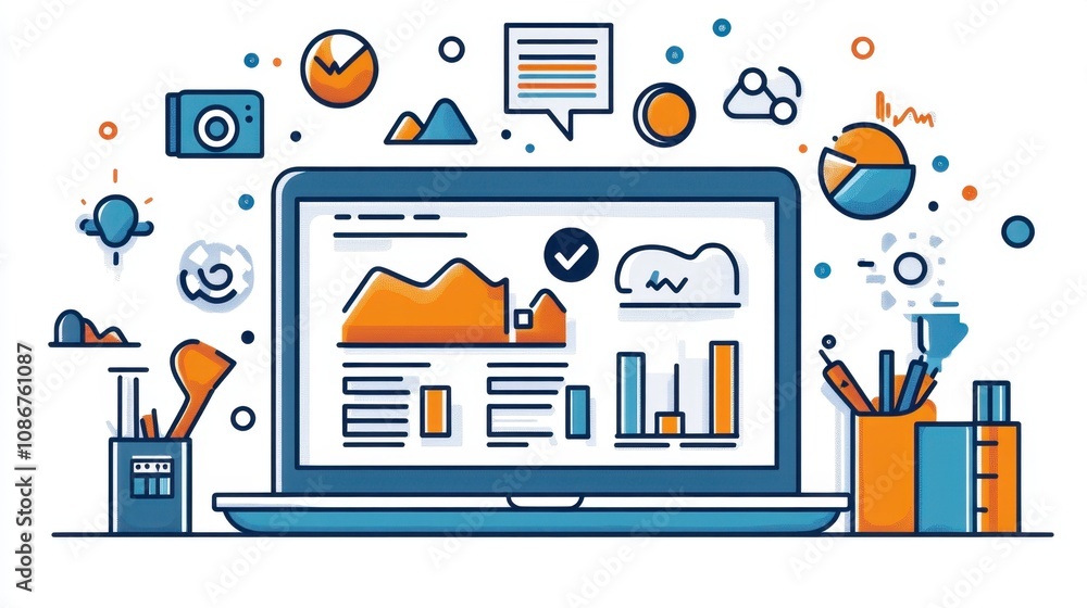 Aufkleber a vibrant digital workspace showcasing data analysis tools and graphics on a laptop with creative de