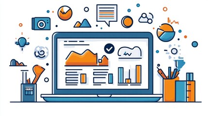 A vibrant digital workspace showcasing data analysis tools and graphics on a laptop with creative design elements and office supplies