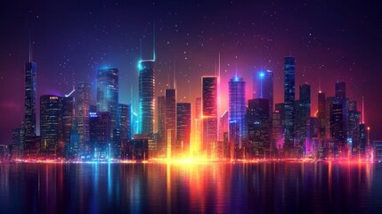 Naklejka premium A futuristic cityscape with neon lights reflecting on water.