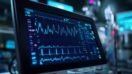 High-Tech Telemedicine Setup Features Digital Screen Displaying Patient Data with Vital Signs Monitors in Modern Healthcare Environment