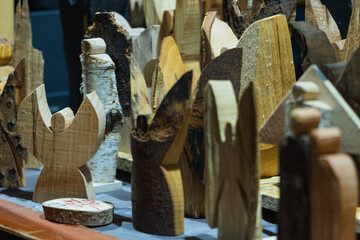 Christmas market in cologne germany wooden carving of a wood. wooden board