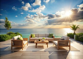 Fototapeta premium A serene outdoor seating area, bathed in sunlight, offers breathtaking ocean views, perfect for relaxation and enjoying natureâ€™s beauty in minimalist style.