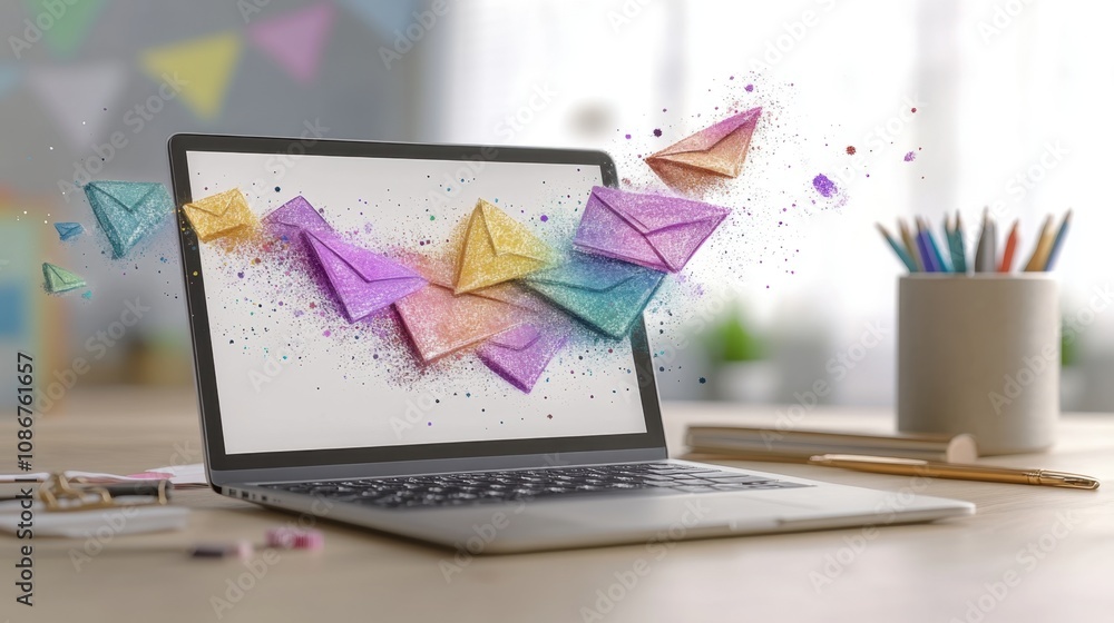 Aufkleber creative digital communication with colorful envelopes emerging from a laptop on a workspace in a br