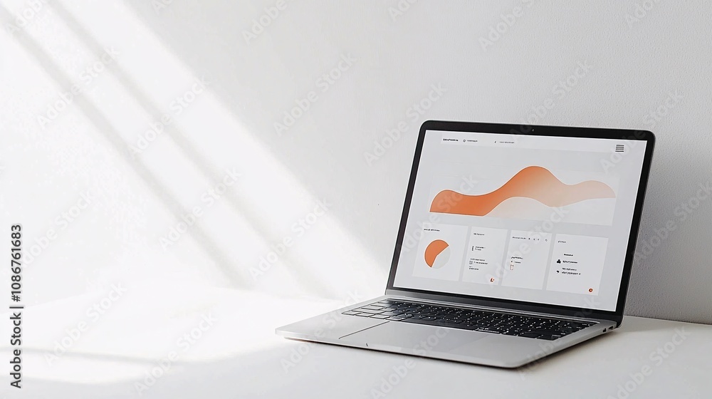 Poster portfolio mockup of a modern laptop displaying a prototype dashboard design, shown against a clean w