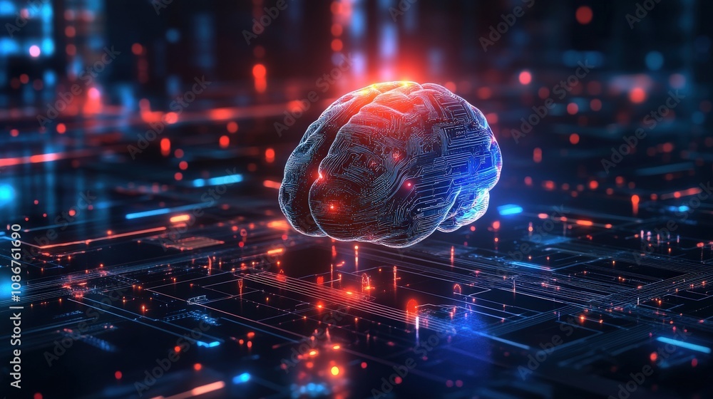 Poster digital brain on a circuit board representing artificial intelligence