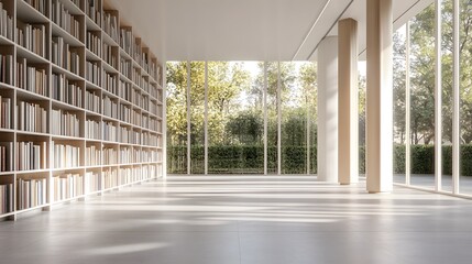 Spacious modern library with large windows and a wall of bookshelves.