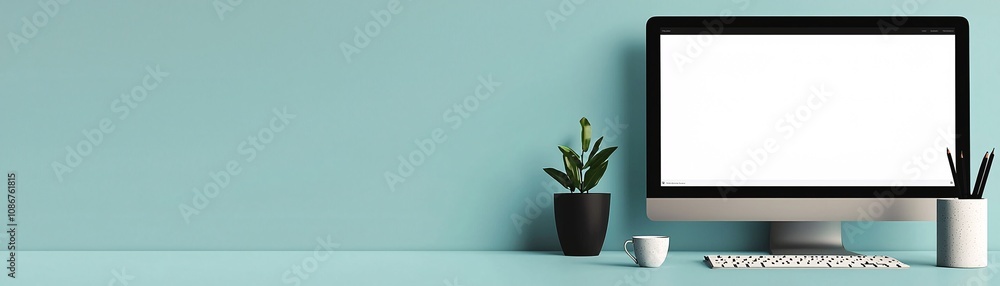 Poster background mockup of a corporate desktop setup showcasing a software prototype with a modern aesthet