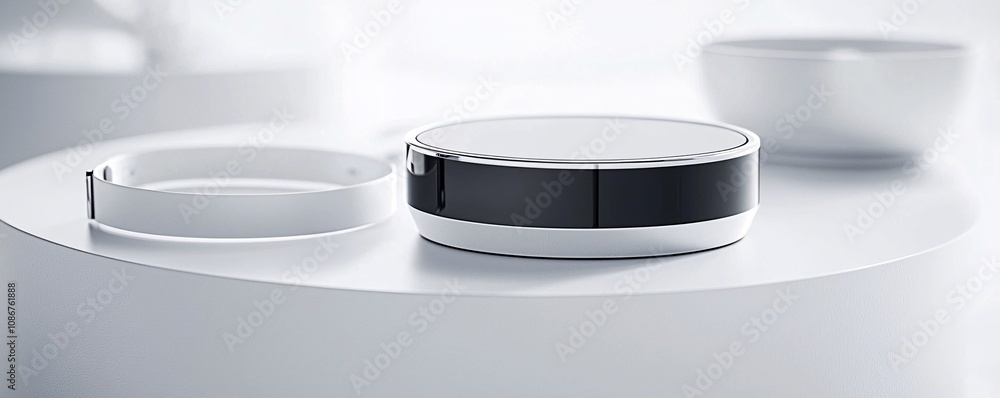 Poster professional mockup of a wearable device prototype in a high-tech setting, suitable for portfolio or