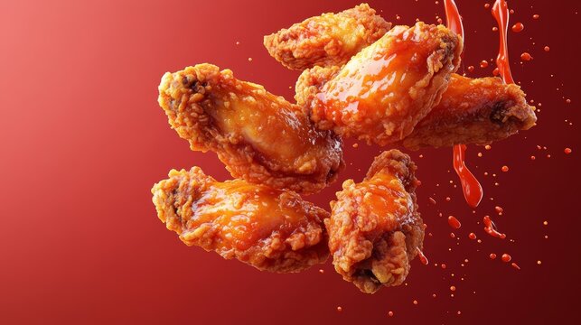 Crispy Fried Chicken Wings in Mid Air with Sauce Splash   3D Render Illustration