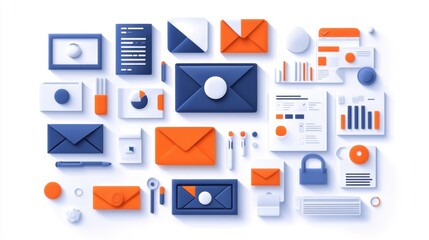 Creative workspace arrangement featuring colorful envelopes, office supplies, and data presentations for an engaging business environment