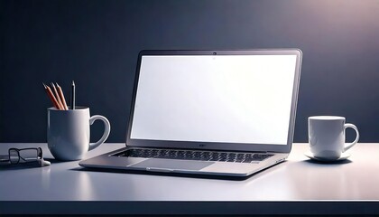 Fototapeta premium Laptop with Blank Screen and Coffee Mug on Work Desk