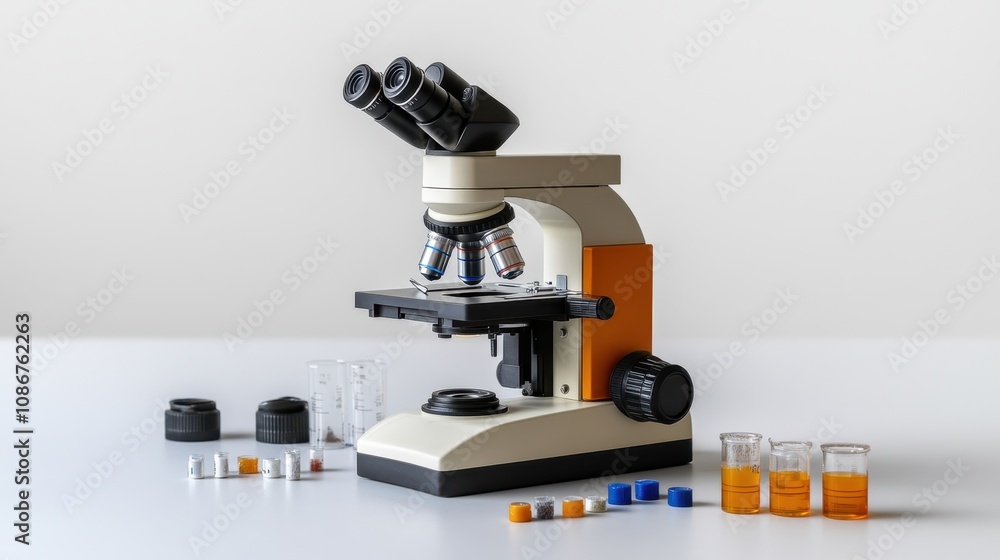 Aufkleber exploring the microscopic world with a laboratory microscope and colorful liquid samples on a clean 