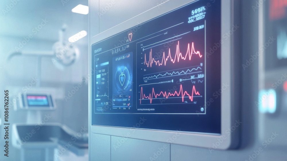 Poster advanced clinical environment showcasing heart monitoring technology with vital signs display and di