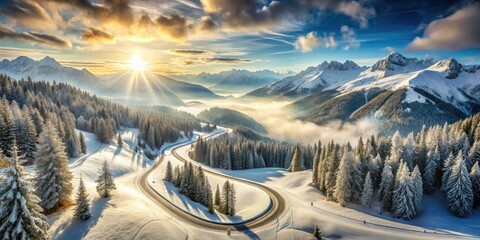 A stunning aerial view of a skiing trail amidst snow-covered mountains, highlighting winter sports and outdoor recreation through double exposure photography in a breathtaking, cold climate.