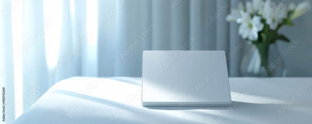 Poster product mockup of a realistic smart home device prototype displayed in a home interior setting with 