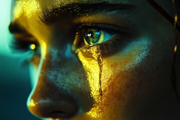 Close-up of an eye with a golden tear reflecting light, capturing deep emotion and intense color contrasts.