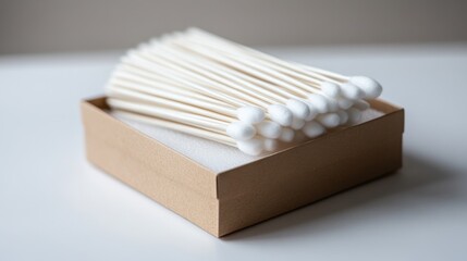 Cotton swabs neatly arranged in a simple cardboard box on a clean countertop during a bright morning light at home
