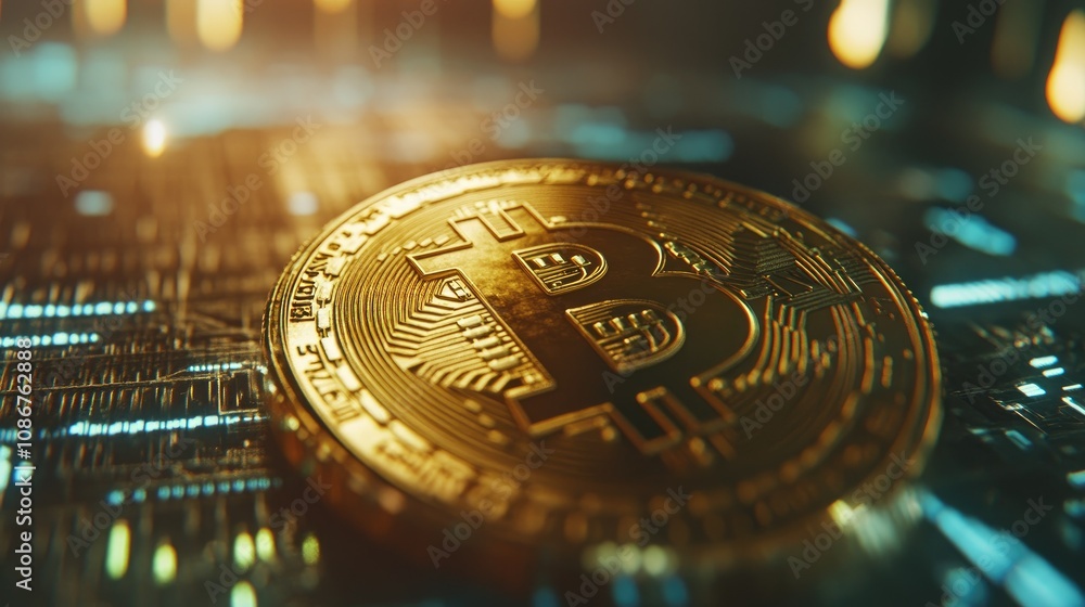 Poster close-up view of a golden bitcoin on a futuristic digital background highlighting cryptocurrency and