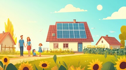 Fototapeta premium Family Enjoying a Sunny Day in Front of Their Eco-Friendly Home with Solar Panels Surrounded by Sunflowers and a Bright Blue Sky