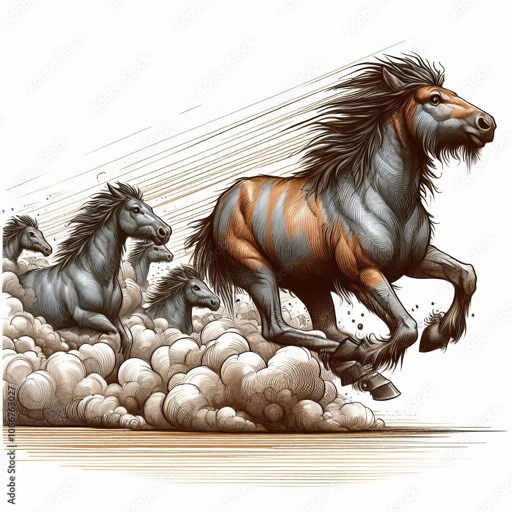 Poster gnu's migration a gnu running with a cloud of gray and brown cha