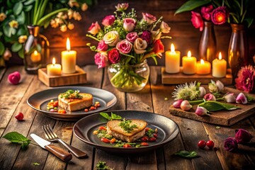 Fototapeta premium Captivating Food Photography Celebrating Love: Romantic Dinner for Two with Heart-Shaped Dishes, Soft Lighting, Elegant Presentation, and Fresh Ingredients