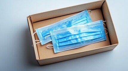 Fototapeta premium Protective masks neatly arranged in a cardboard box on a light surface, symbolizing health safety during recent global challenges