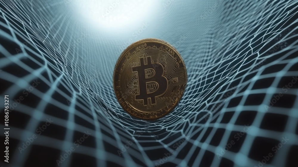 Poster a close-up view of a golden bitcoin surrounded by abstract digital mesh representing cryptocurrency 