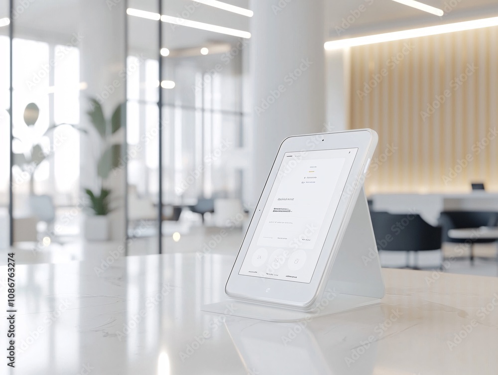 Poster realistic product prototype mockup of a digital tablet with unique interface, displayed in a modern 