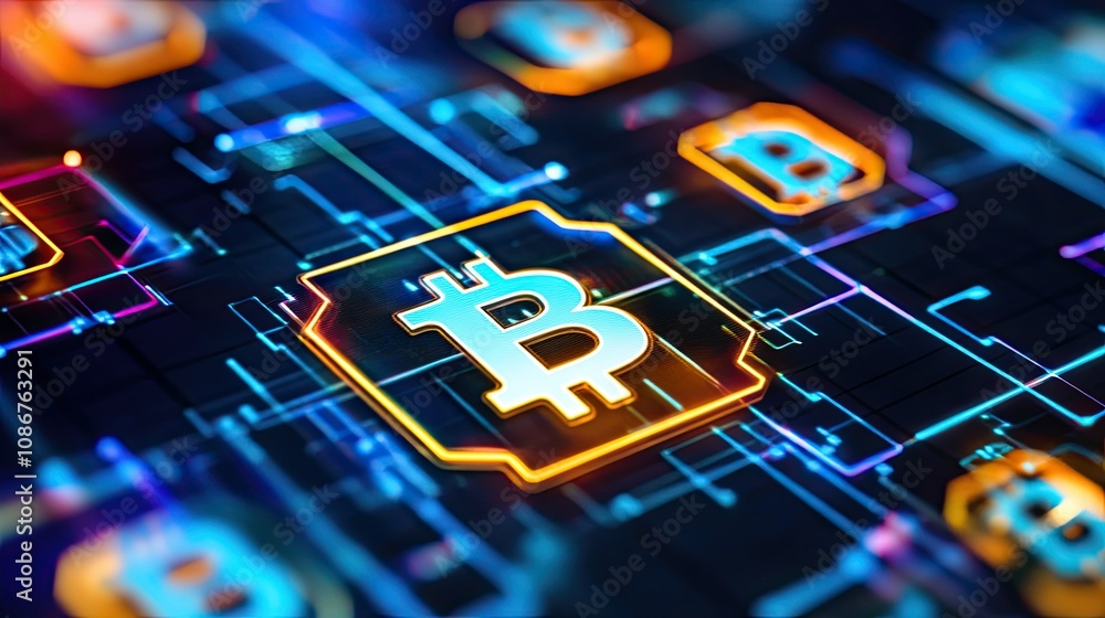 Poster futuristic cryptocurrency network with bitcoin symbols and colorful digital circuitry representing b