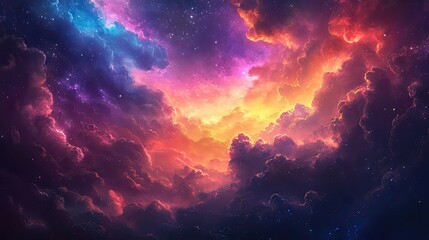 Fototapeta premium A breathtaking cosmic scene showcasing vibrant clouds in shades of purple, orange, and blue against a starry backdrop.
