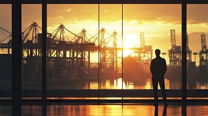 A silhouetted man gazes at the vibrant sunset over a busy harbor, surrounded by cranes and shipping containers.