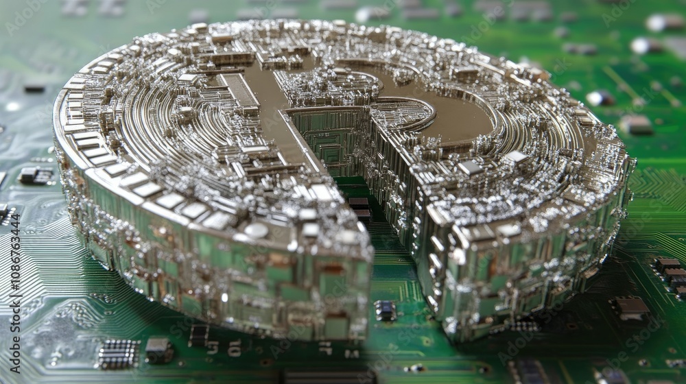Poster close-up of a bitcoin symbol with intricate circuit board design showcasing the digital currency's c