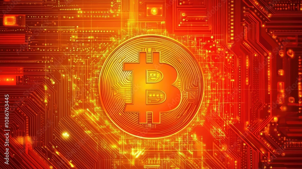 Aufkleber digital currency concept featuring bitcoin symbol on circuit board background with fiery red and ora