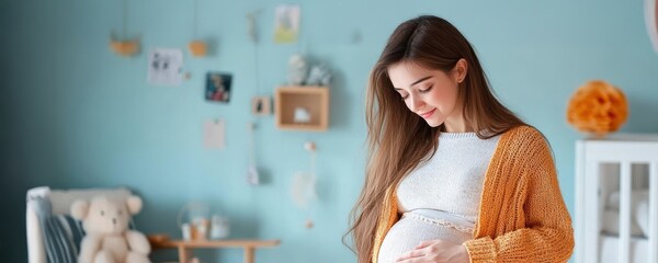 Stories of pregnancy concept. Chic maternity wear, expectant mother relaxing in a cozy nursery, blending style and comfort, maternity fashion, pregnancy nursery