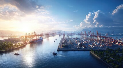 Obraz premium A stunning aerial view of a bustling harbor at sunrise, showcasing cranes, cargo ships, and a tranquil river scene.