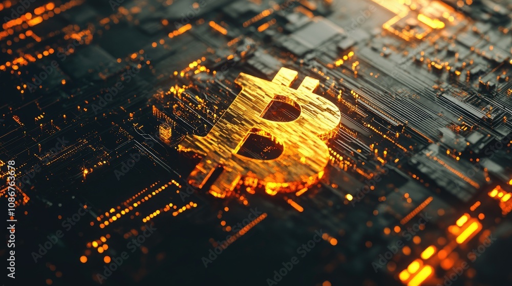 Poster abstract representation of a glowing bitcoin symbol amidst a digital circuit board, illustrating the