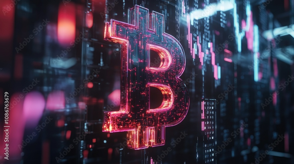 Aufkleber futuristic bitcoin symbol on digital background with glowing neon lights, abstract representation of