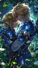 Young elf couple in forest, Generative AI