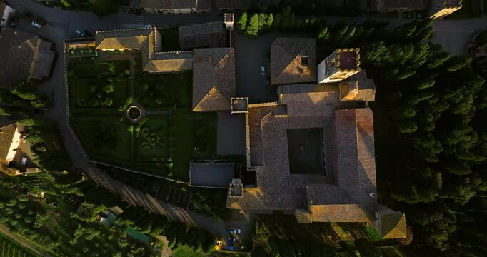 Topdown View Of The Abbey of San Michele Arcangelo In Passignano Near Tavarnelle Val di Pesa, Florence, Italy. Aerial Shot