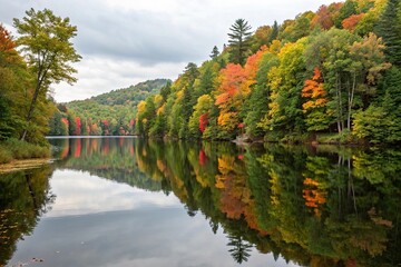 Obraz premium *Calm lake with reflected autumn foliage and lush greenery in the surrounding forest, scenic view, calm lake, wildlife refuge, outdoor photography, natural beauty