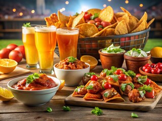 Captivating Food Photography for Sports News Page Layout Featuring Snacks, Healthy Options, and Beverages Perfect for Game Day Celebrations and Sports Enthusiasts