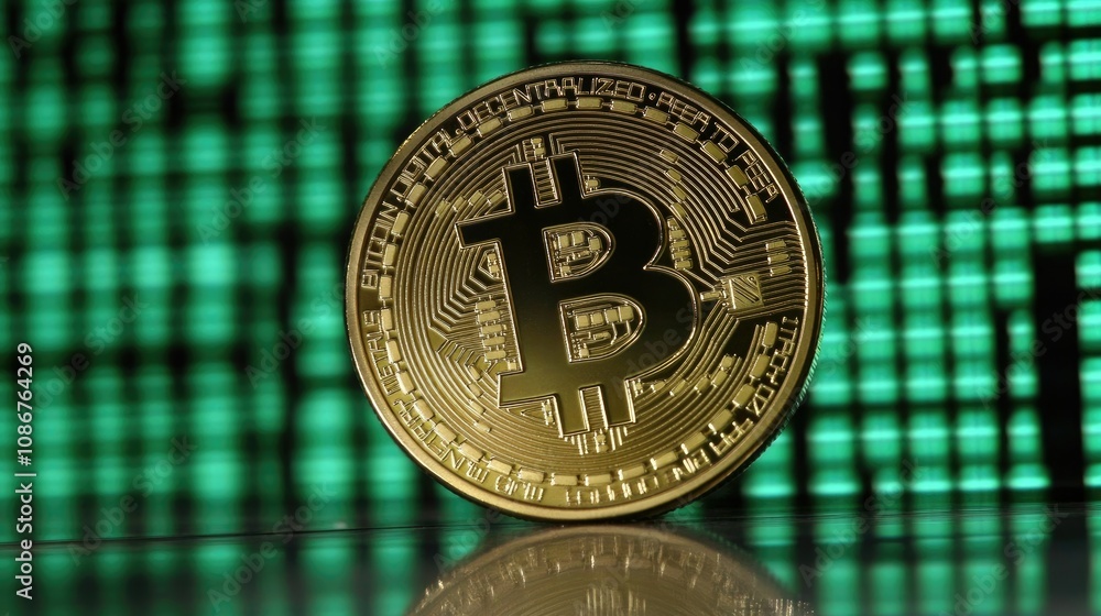 Poster golden bitcoin coin stands out against a digital background representing cryptocurrency and blockcha