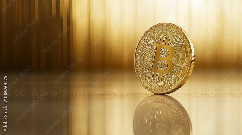 Aufkleber close-up view of a gold bitcoin coin on a reflective surface with a blurred background depicting dig