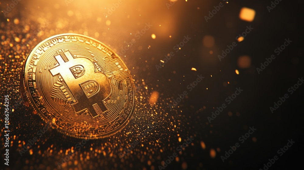 Poster glowing bitcoin coin surrounded by glittering particles in a mystical atmosphere, representing digit