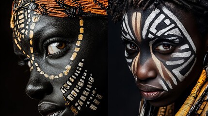 Close-up portraits showcasing traditional tribal face paint with intricate designs and bright colors, capturing cultural expression.